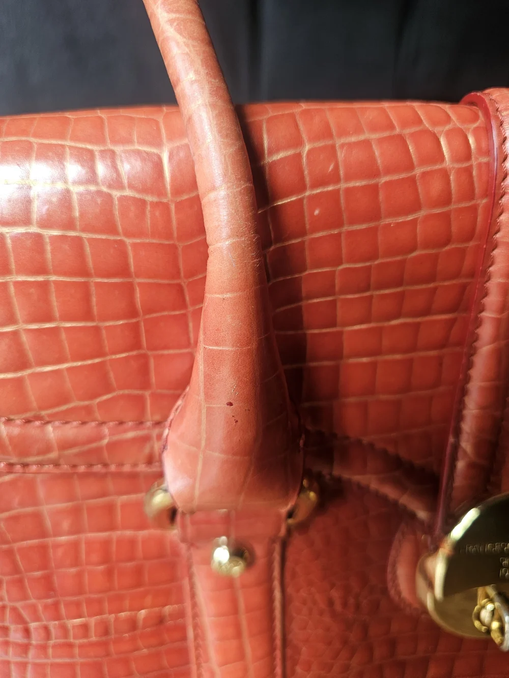 Francesco Biasia Italian Leather Croc Embossed Coral Orange Satchel Handbag Gold